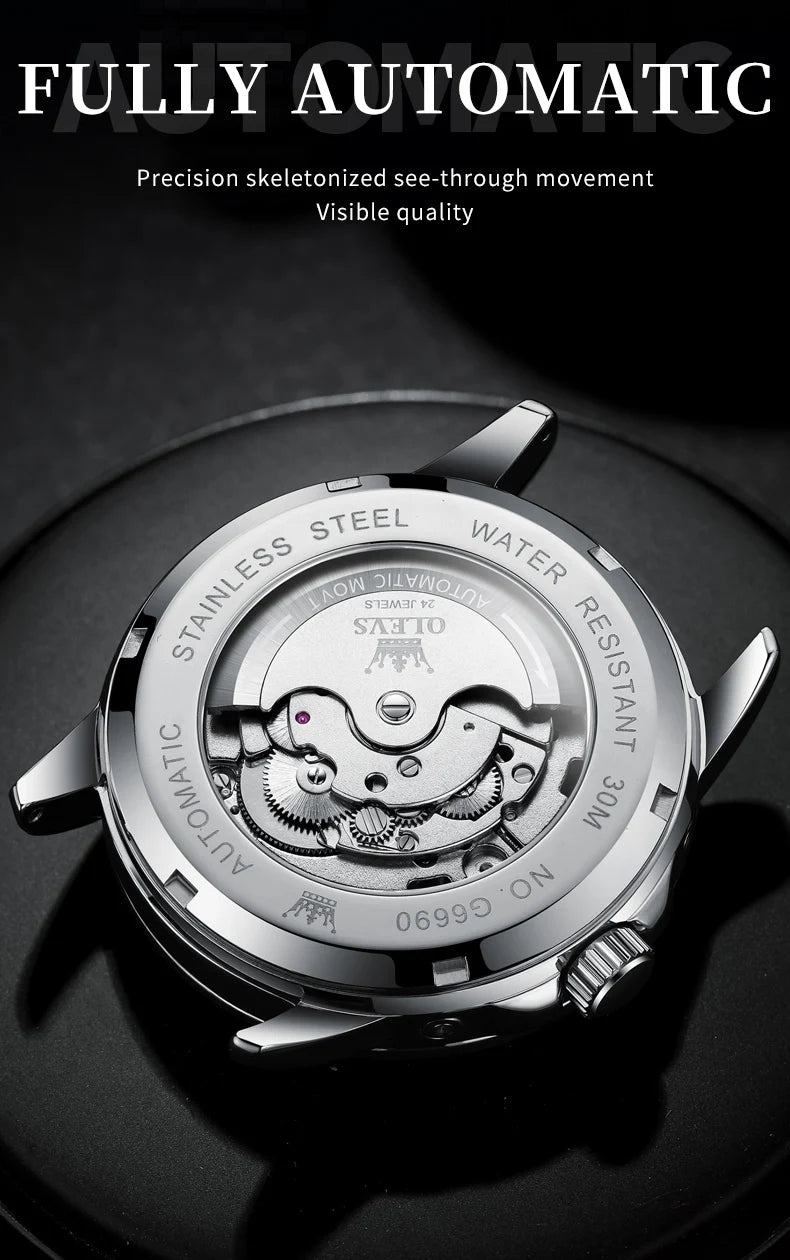 OLEVS 6690 Luxury Men Mechanical Watch Fully Automatic Watch Men's Brand Starry Sky Flywheel Moon Phase Hollow Men Formal Watch