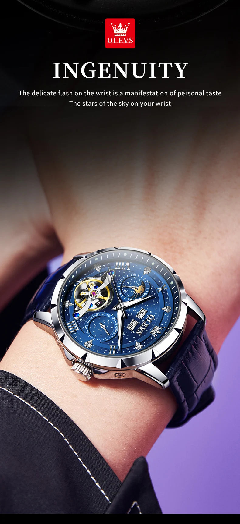 OLEVS 6690 Luxury Men Mechanical Watch Fully Automatic Watch Men's Brand Starry Sky Flywheel Moon Phase Hollow Men Formal Watch