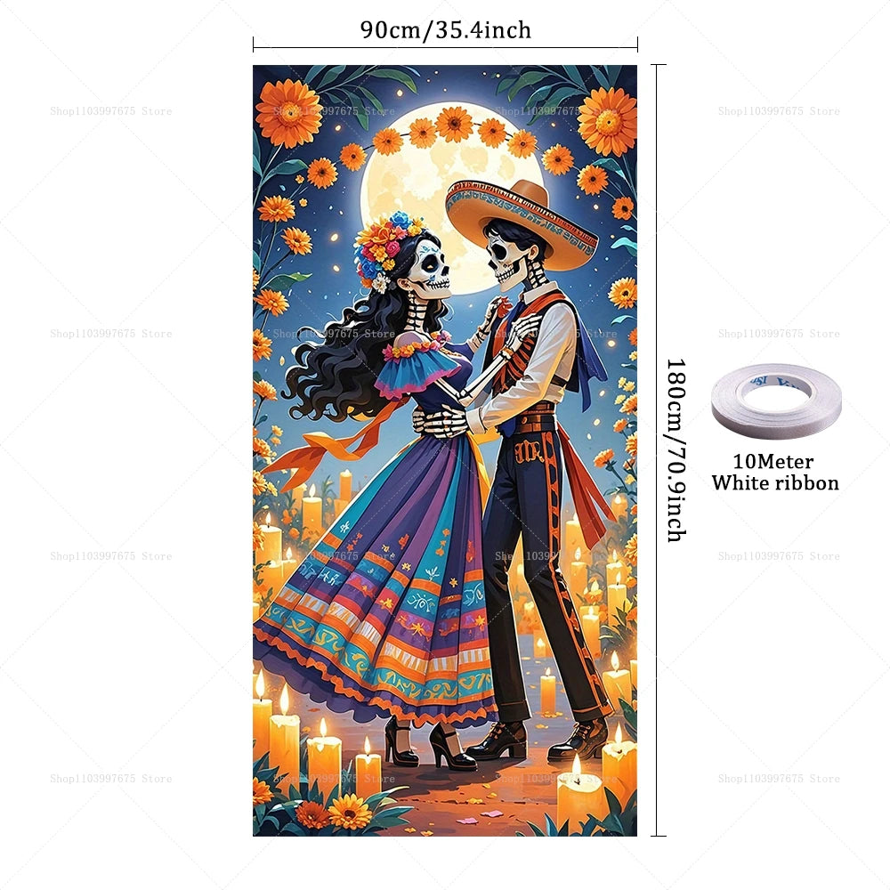 Day of The Dead Sugar Skull Flowers Backdrop Dia De Los Muertos Mexican Fiesta Door Banner for Indoor Outdoor Background Decor