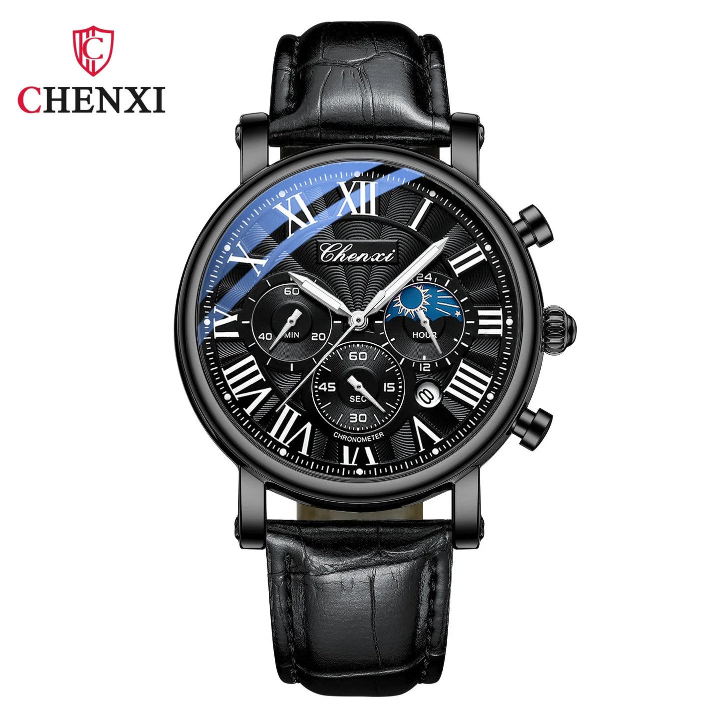 CHENXI 973 Quartz Watch Multi-function Business Moon Phase Date Waterproof Rome Analog Dial Leather Wrist Watch for Male