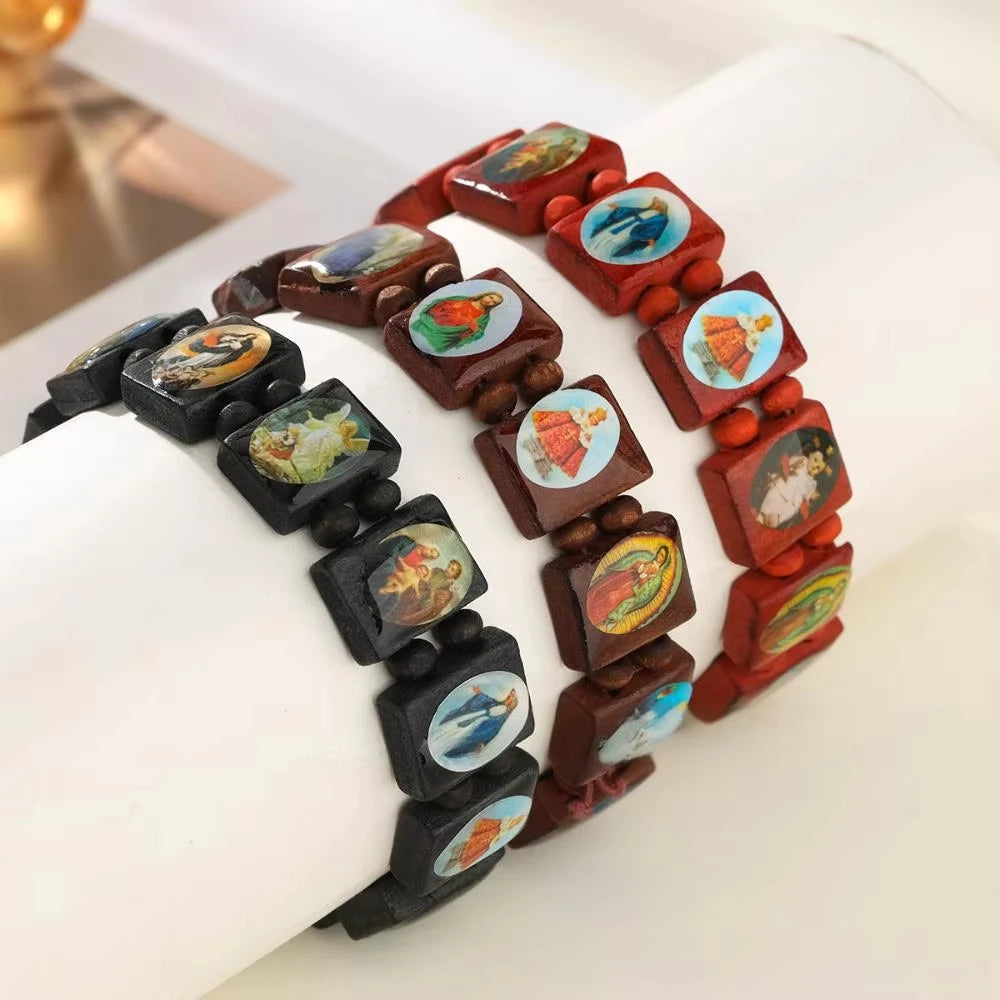 Saints Religion Rosary Wooden Bracelets Men Women Fashion Holy Icon JESUS Virgin Mary Catholic Jesus Beads Bracelet Jewelry Gift