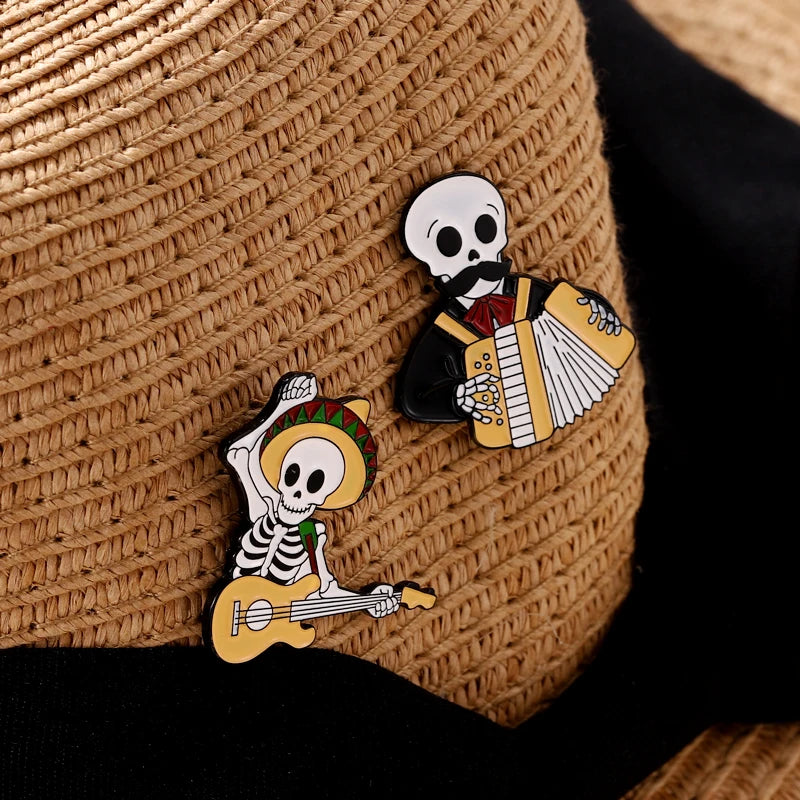 Mexican Concert Enamel Pins Custom Accordion Violin Harp Brooches Lapel Badges Gothic Performers Jewelry Gift for Friends