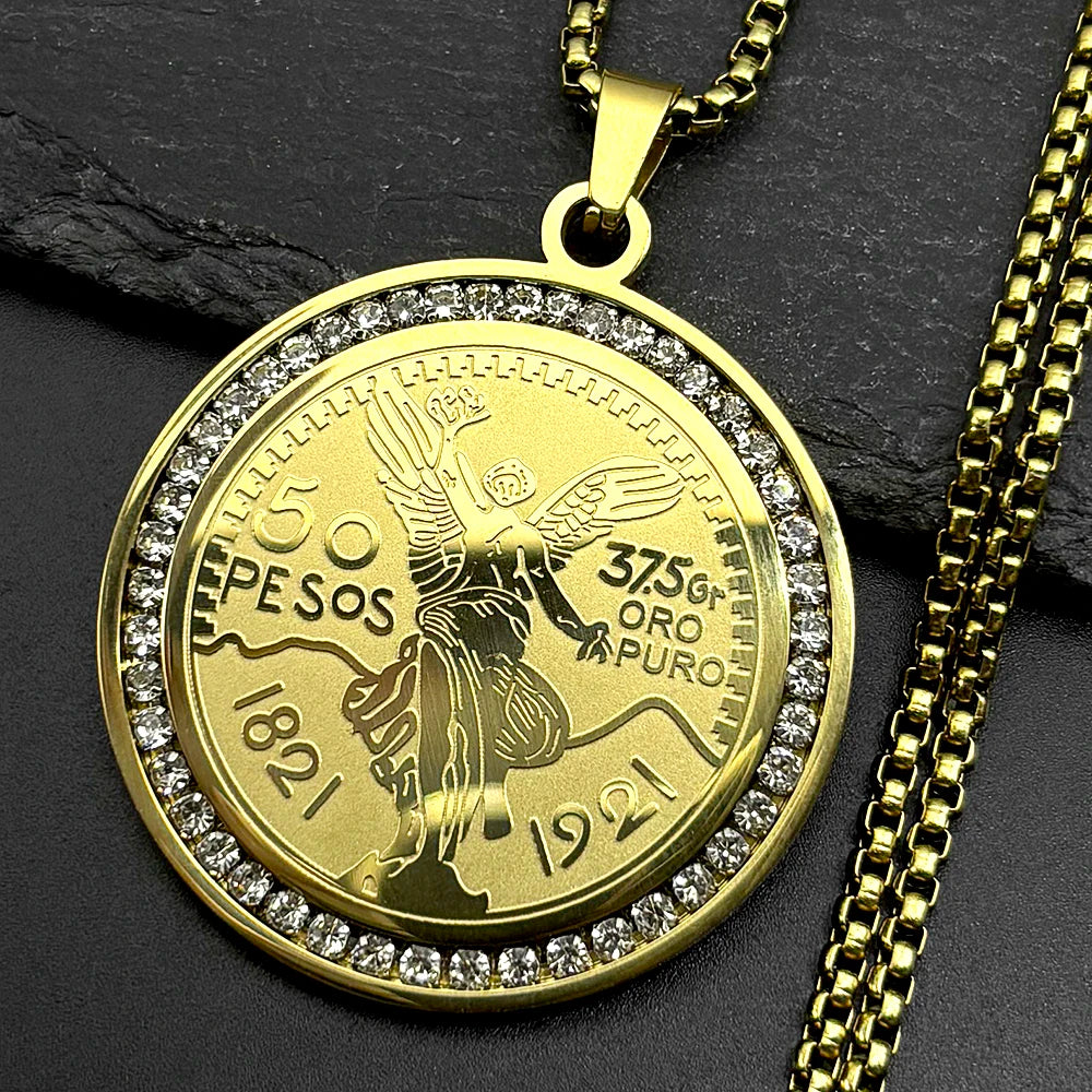 1921 Mexican 50 Pesos Rhinestones Pendant Necklace for Men Women Stainless Steel Gold Color Winged Victory Chain Amulet Jewelry