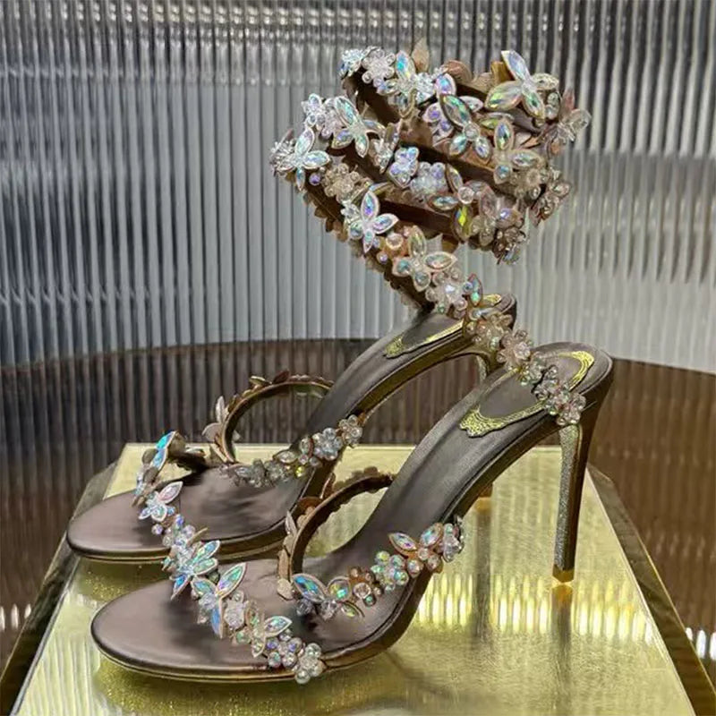 Sexy High Heels Sandals Woman Crystal Flower Snake Twine Around Ankle Strap Wedding Shoes Summer Gladiator Sandals Women