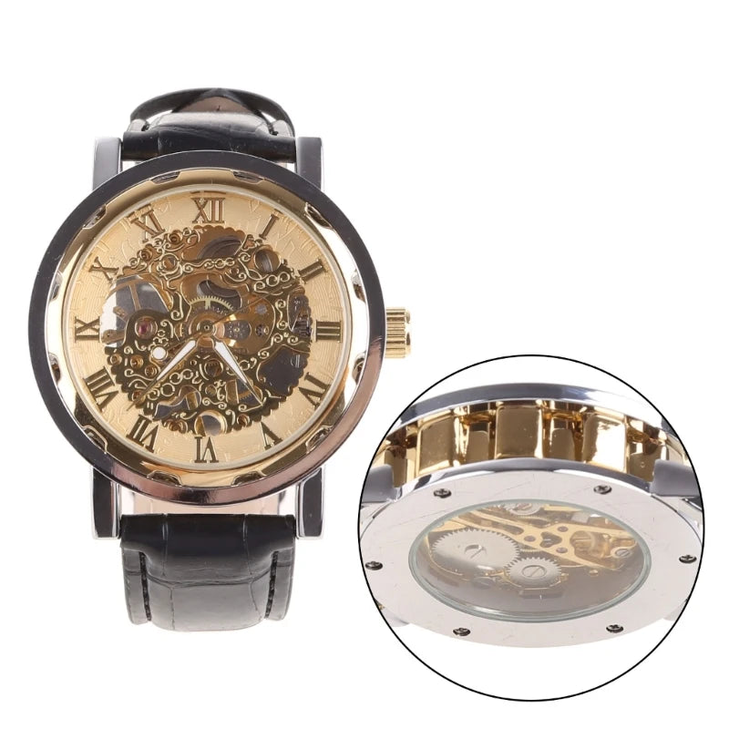 Mens Mechanical Watch Black Leather Gold Skeleton Sport Wristwatch Cool Relogio
