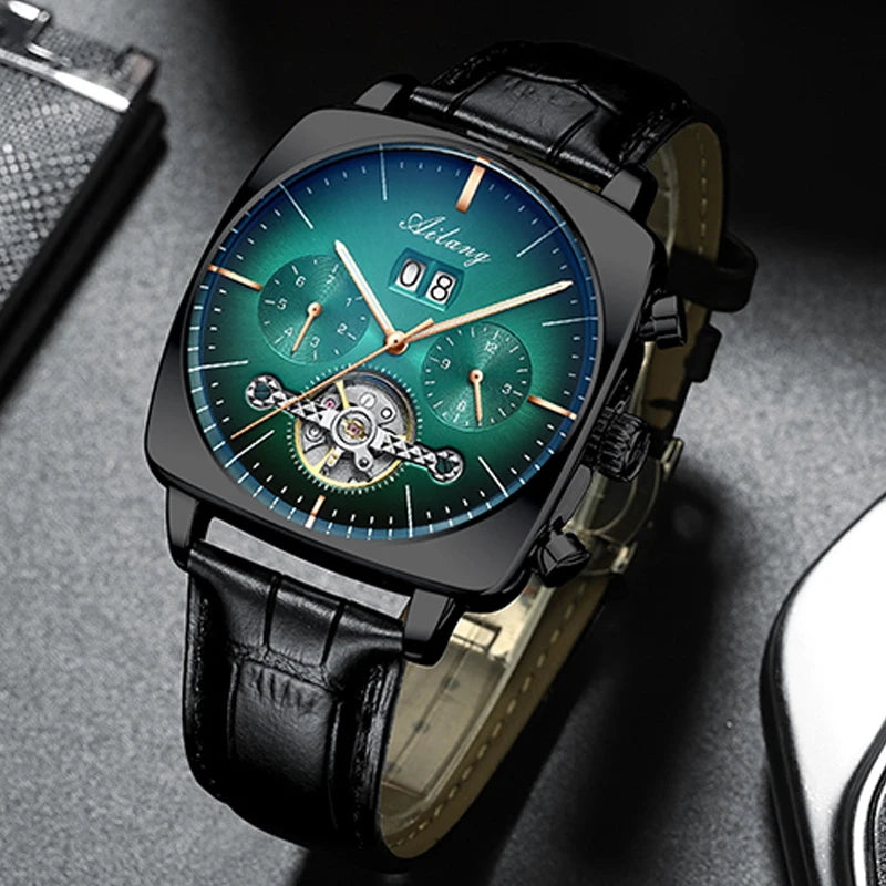 Ailang Men's automatic mechanical watch square case hollow waterproof luminous calendar multi-functional fashion wristwatch