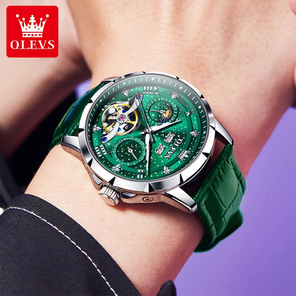 OLEVS 6690 Luxury Men Mechanical Watch Fully Automatic Watch Men's Brand Starry Sky Flywheel Moon Phase Hollow Men Formal Watch