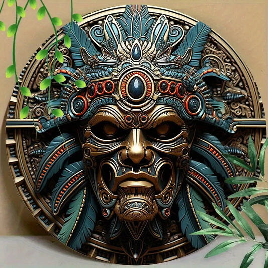 Aztec Warrior 8" Round Aluminum Wall Art - UV & Scratch Resistant, Easy-Hang Decor for Home, Office, Coffee Shop