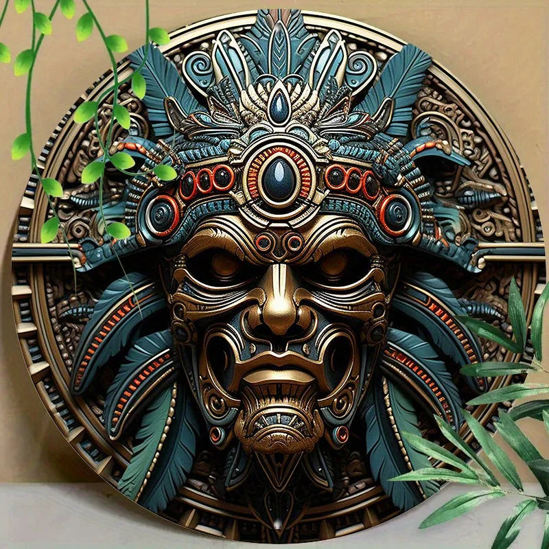 Aztec Warrior 8" Round Aluminum Wall Art - UV & Scratch Resistant, Easy-Hang Decor for Home, Office, Coffee Shop