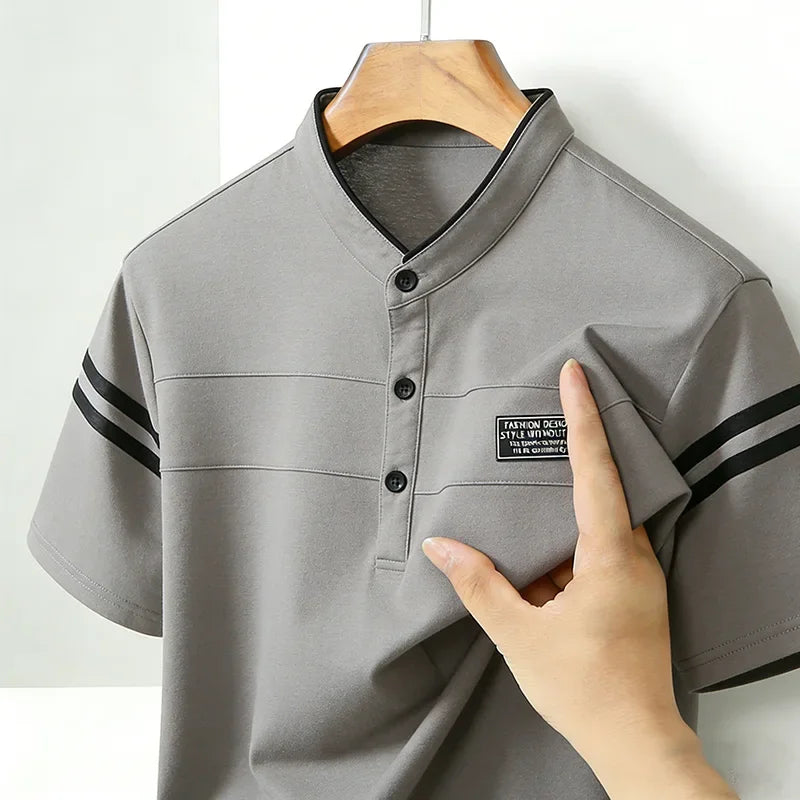 2026 Men's Mandarin Collar Polo Shirt Contrast Striped Short Sleeve Slim Fit Casual Daily Top
