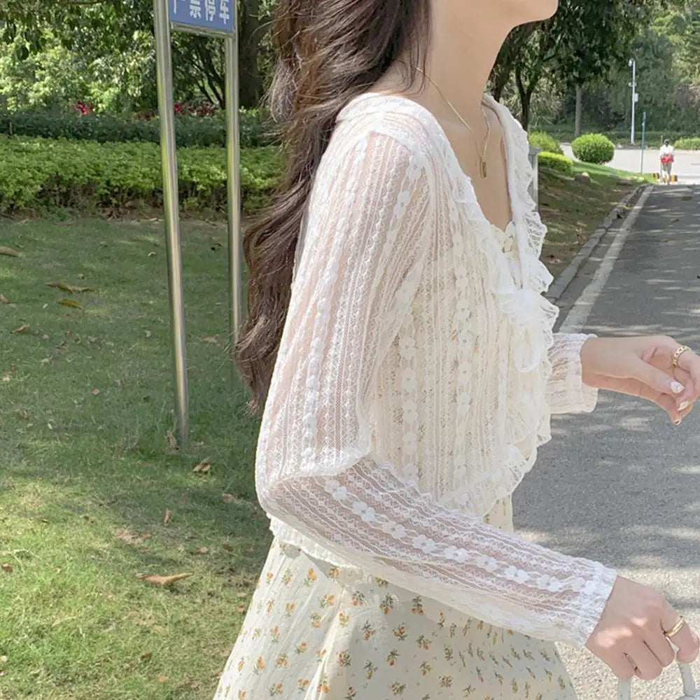 New Lace Ruffle Summer Sexy Long Sleeve Tops Girl's Sun Protection Clothing Women Crop Tops Lace Bow Ruffle Shirt Tops For Woman