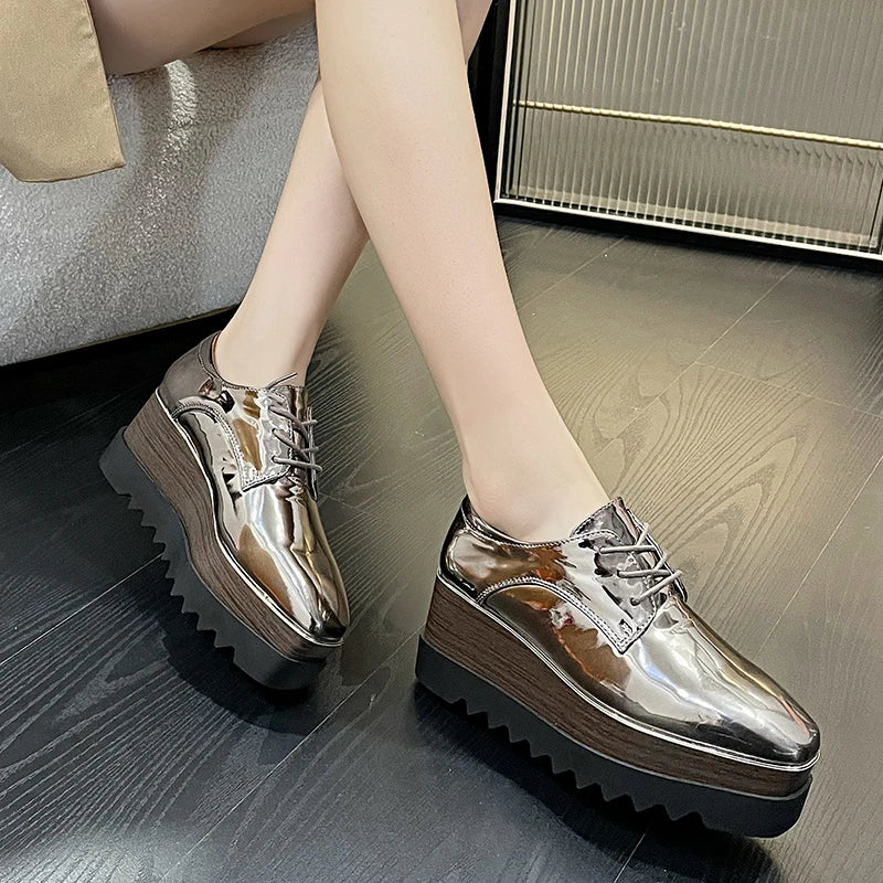 8cm Heeled Platform Wedge Shoes Fall High Heels Wedges Women Patent Leather Lace Up Square Toe Creepers Pumps Damen Luxus