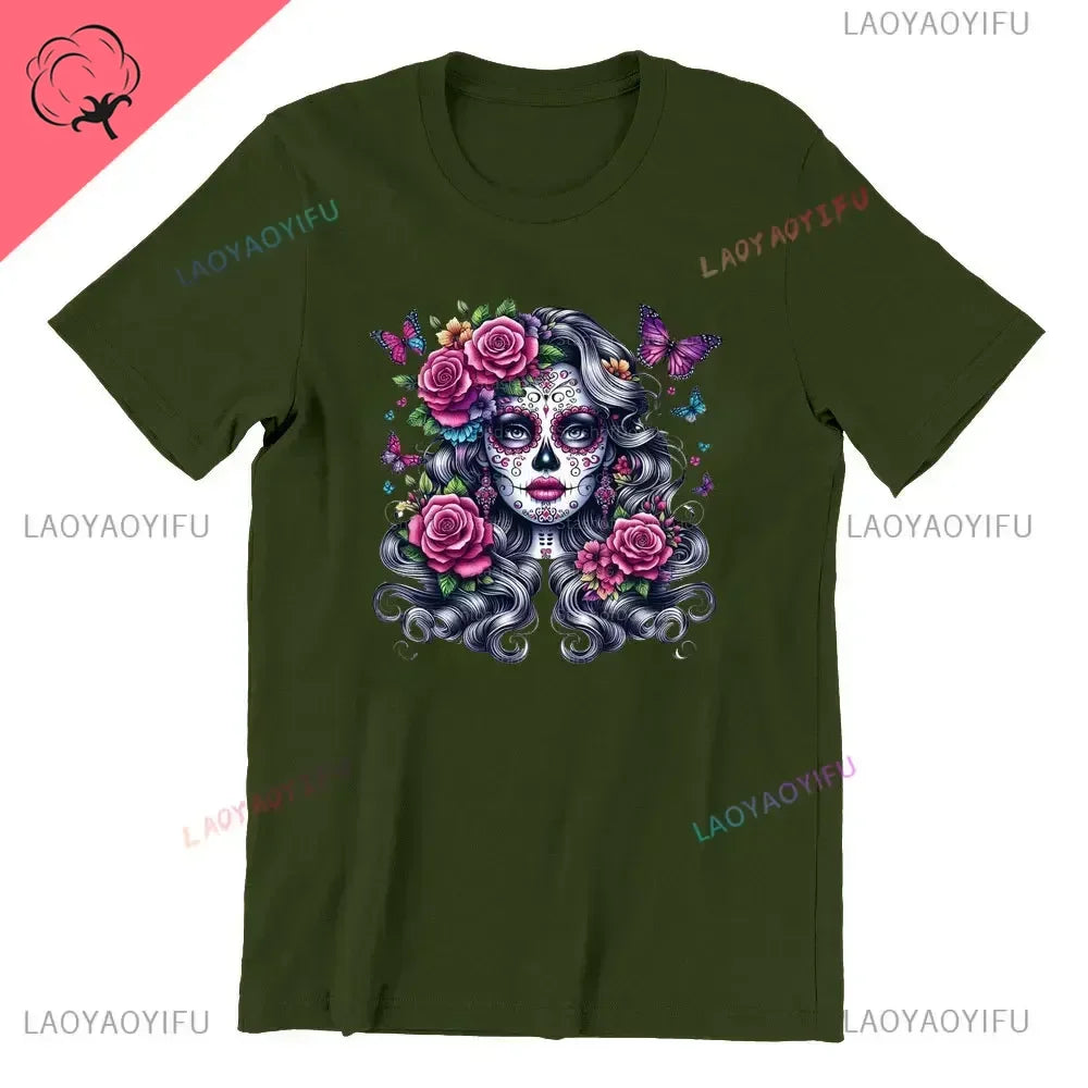 Sugar Skull T-Shirt La Catrina Girl with Purple Roses Dia De Los Muertos Sugar Skull Day of The Dead Tee Gifts for Men and Women