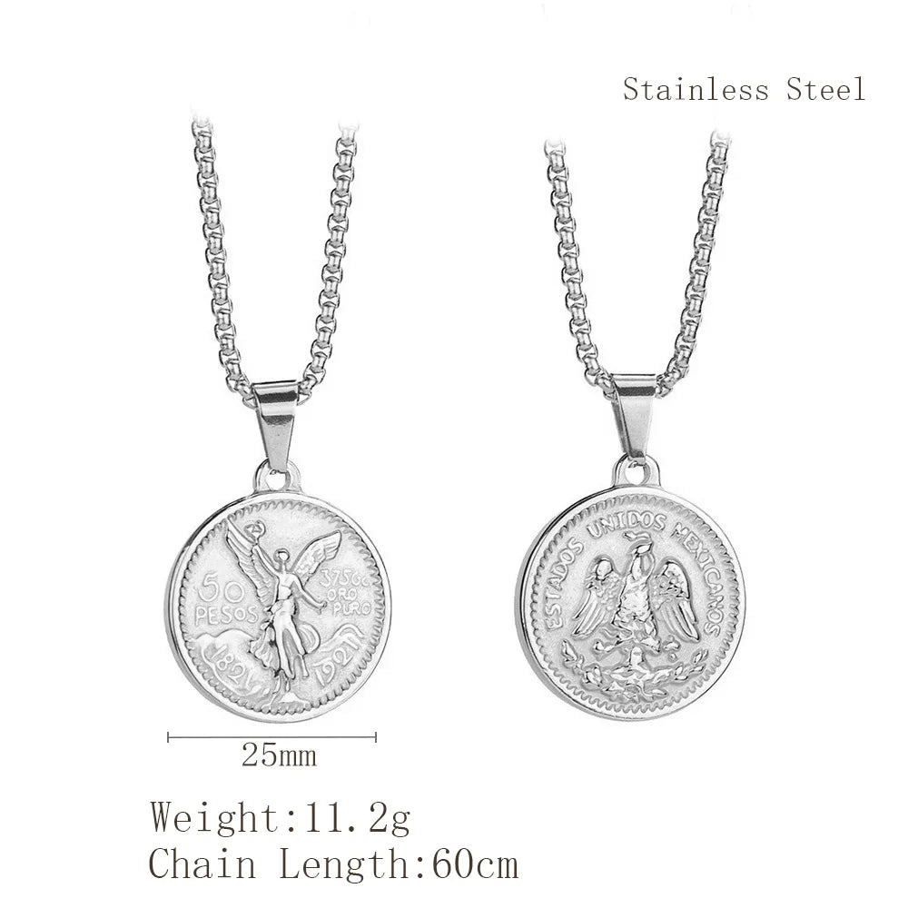 Men Women Round Mexican Coin Centenario Moneda 50 Pesos Pendant Necklace