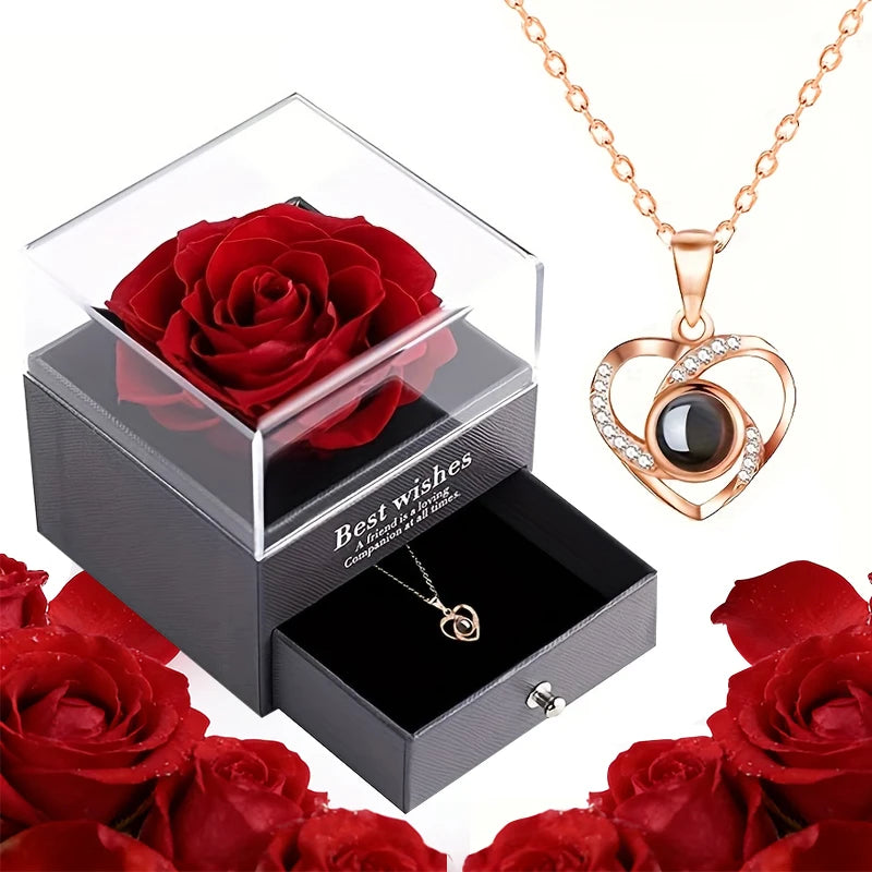 Mother's Day Gifts Projection Necklace with Luxury Rose Flower Gift Box 100 Languages I Love You Pendant Necklaces for Women