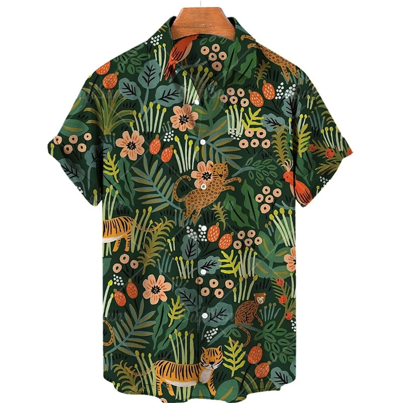 Hawaiian Animal Pattern Vintage Casual T-Shirt For Men 3D Print Leopard Tiger Short-sleeved Shirts Holiday Party Harajuku Tops