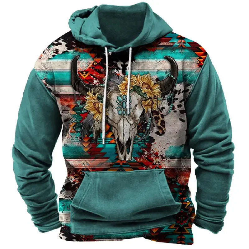 2026 Fall Vintage Print Hoodie Western Cowboy Hoodie Sweatshirt Everyday Casual Oversized Pullover Vintage Street Wear
