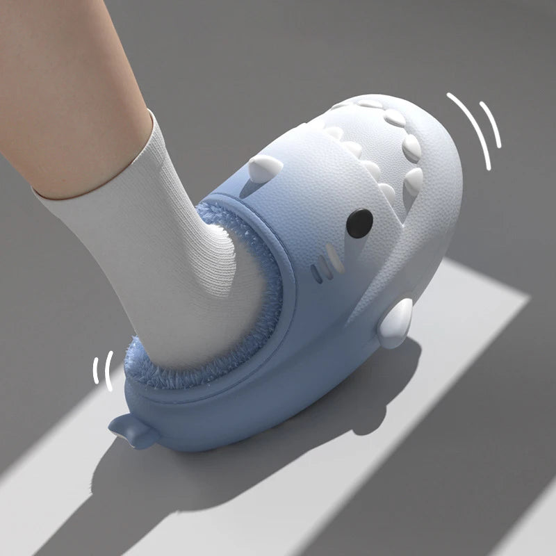 Comwarm Plush Shark Slippers For Women Men Winter Warm Cartoon Cotton Slippers Couple Non-Slip Waterproof Outdoor Home Shoes