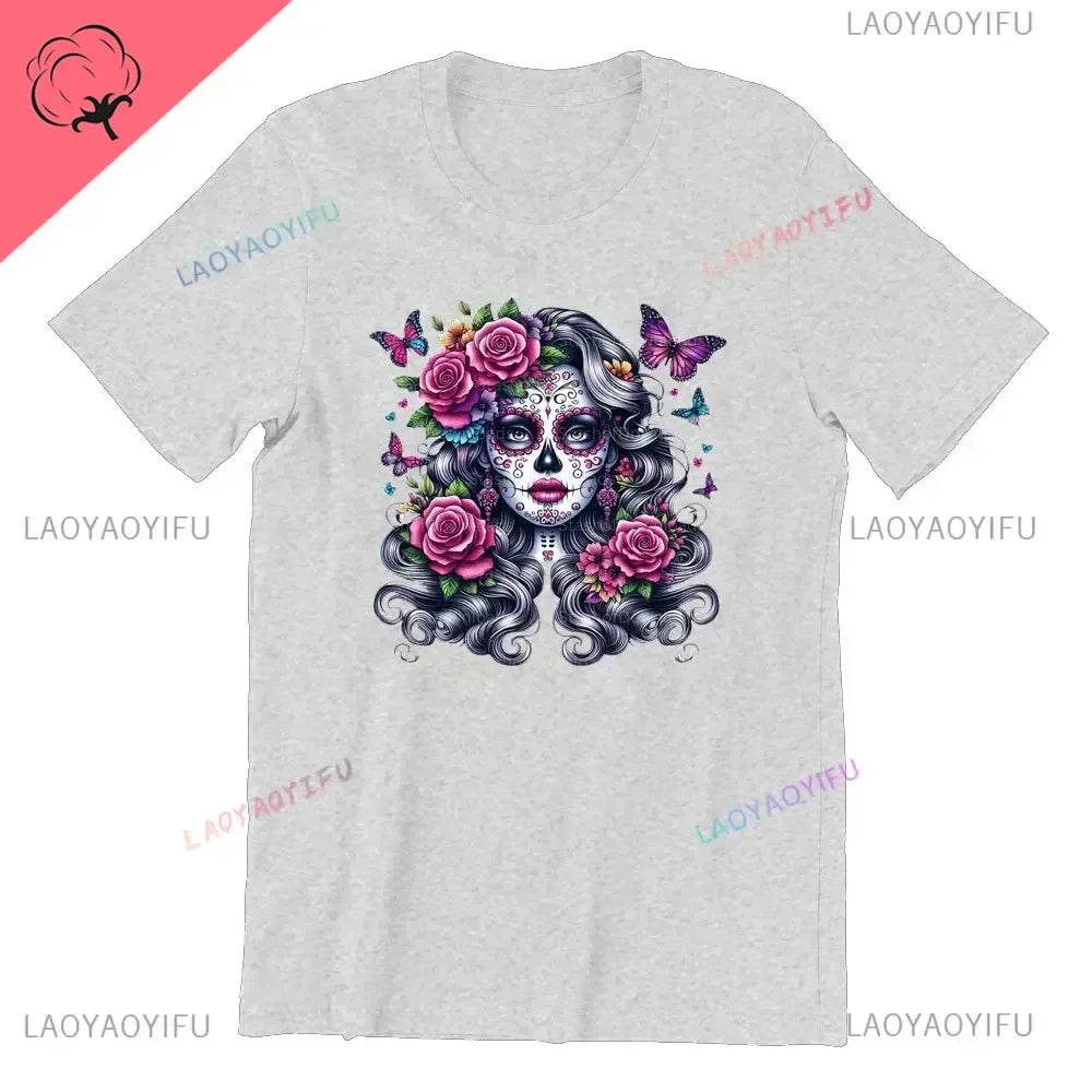 Sugar Skull T-Shirt La Catrina Girl with Purple Roses Dia De Los Muertos Sugar Skull Day of The Dead Tee Gifts for Men and Women
