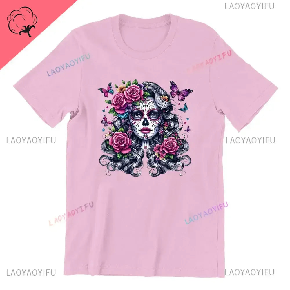 Sugar Skull T-Shirt La Catrina Girl with Purple Roses Dia De Los Muertos Sugar Skull Day of The Dead Tee Gifts for Men and Women