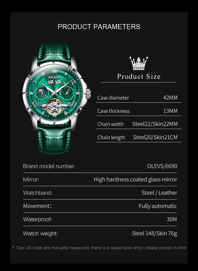 OLEVS 6690 Luxury Men Mechanical Watch Fully Automatic Watch Men's Brand Starry Sky Flywheel Moon Phase Hollow Men Formal Watch