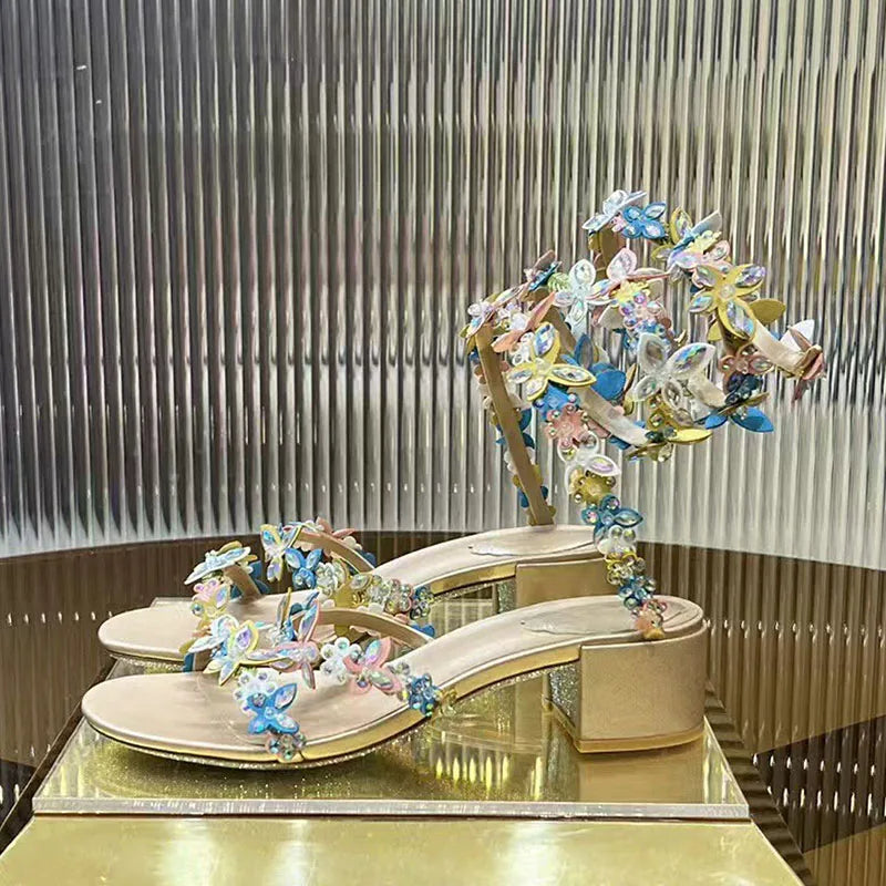 Sexy High Heels Sandals Woman Crystal Flower Snake Twine Around Ankle Strap Wedding Shoes Summer Gladiator Sandals Women