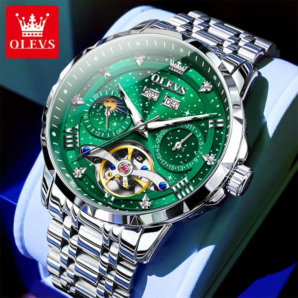 OLEVS 6690 Luxury Men Mechanical Watch Fully Automatic Watch Men's Brand Starry Sky Flywheel Moon Phase Hollow Men Formal Watch