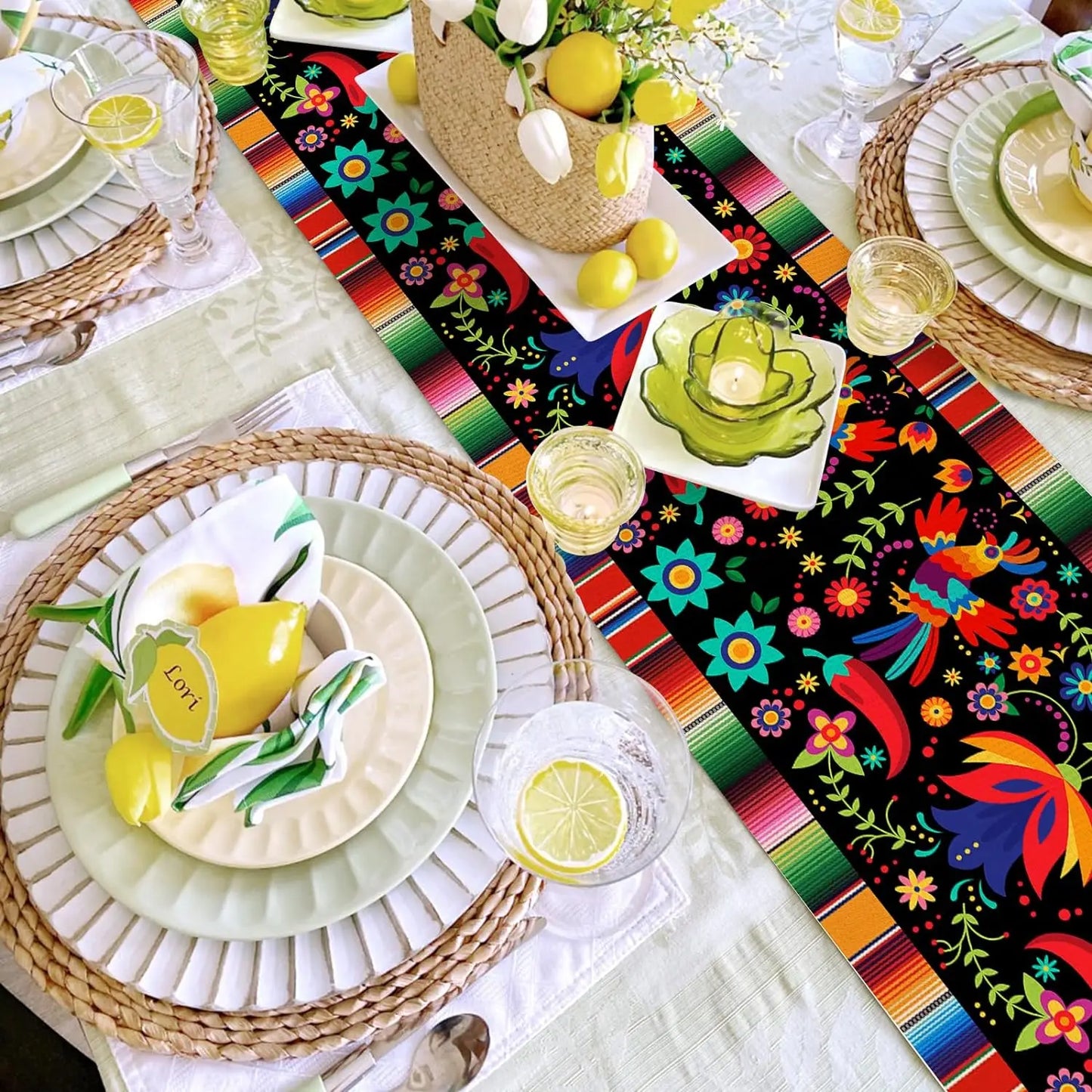 Mexican Fiesta Linen Table Runner Decorations Inco De Mayo Dia De Los Muertos Farmhouse Kitchen Dining Table Runner Party Decor