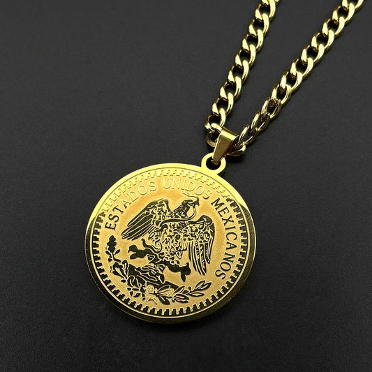 1921 Mexican 50 Pesos Coins Crystals Pendant Necklace for Men Women Stainless Steel Gold Color Winged Victory Chain Jewelry Gift
