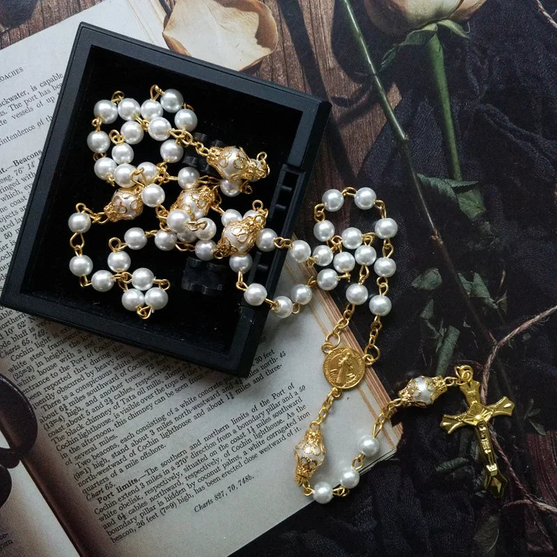 Religious Five Blessed Rosary Necklace  Prayer Beaded Chain Chaplet Saint Benedict Medal Crucifix Cross Y-Necklace  Jewelry