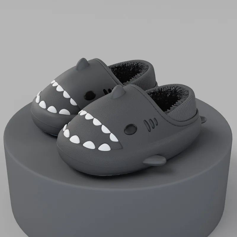 Comwarm Plush Shark Slippers For Women Men Winter Warm Cartoon Cotton Slippers Couple Non-Slip Waterproof Outdoor Home Shoes