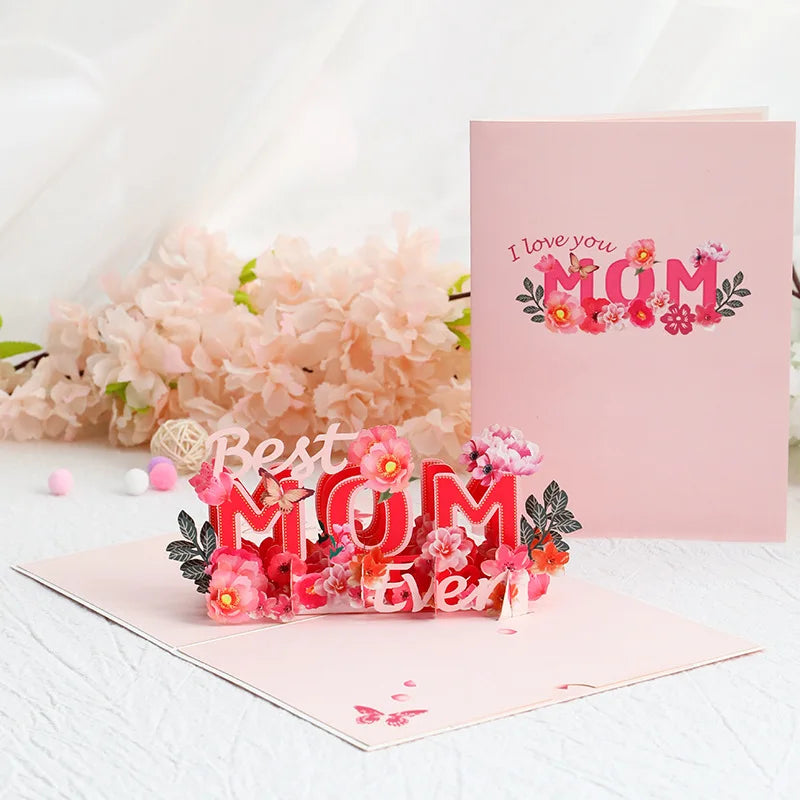 Mother's Day Red Flower 3D Greeting Card Paper Carving Thank You Card Student Sends Mother's Blessing Card Party Desktop Decor