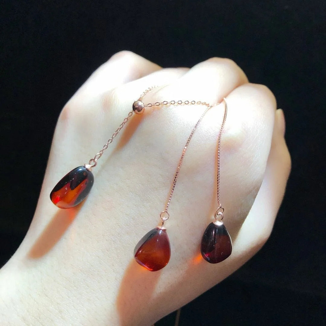 925 Silver Mexican Natural Red Blue Amber Jewelry Set Certificate 18K Rose Gold Teardrop Ear Thread Long Dangle Earring Necklace