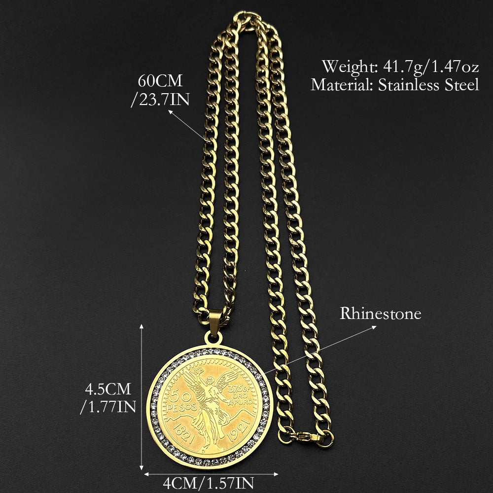 1921 Mexican 50 Pesos Coins Crystals Pendant Necklace for Men Women Stainless Steel Gold Color Winged Victory Chain Jewelry Gift