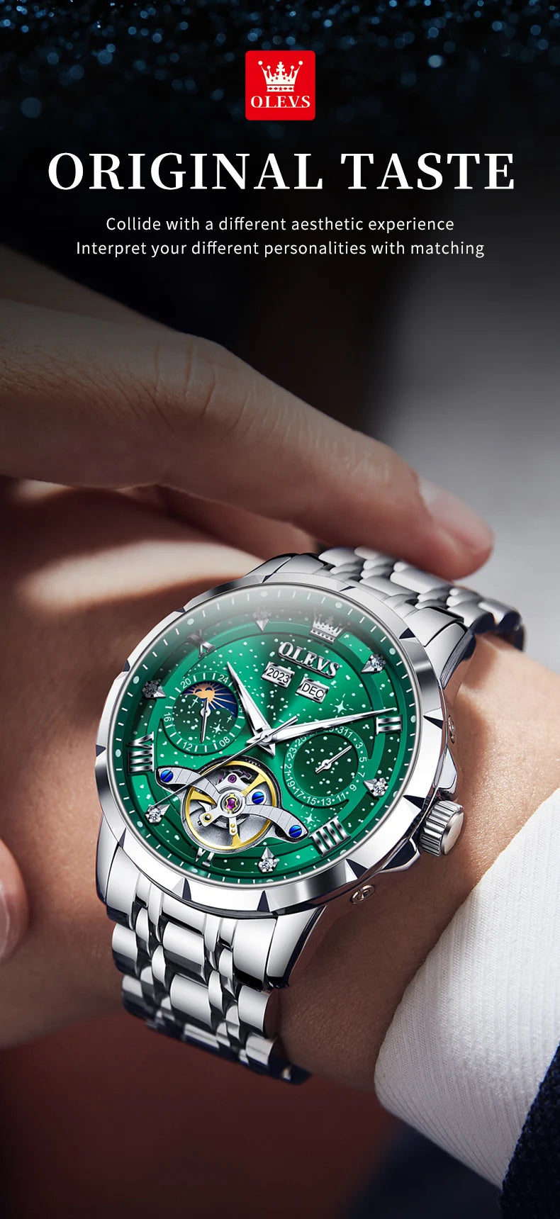 OLEVS 6690 Luxury Men Mechanical Watch Fully Automatic Watch Men's Brand Starry Sky Flywheel Moon Phase Hollow Men Formal Watch