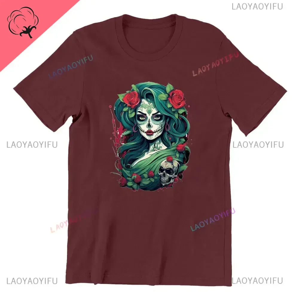Sugar Skull T-Shirt La Catrina Girl with Purple Roses Dia De Los Muertos Sugar Skull Day of The Dead Tee Gifts for Men and Women
