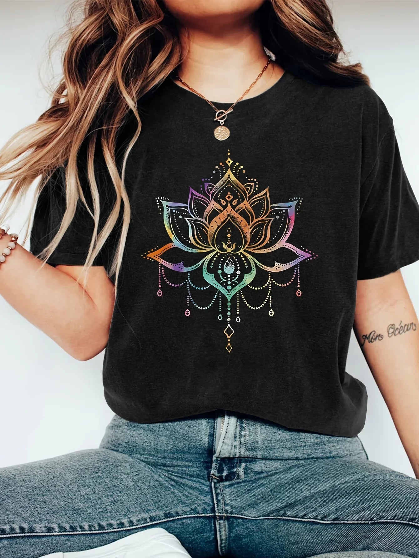 Black Short - Sleeve T - shirt, Colorful Mandala Lotus Print, Bohemian & Stylish