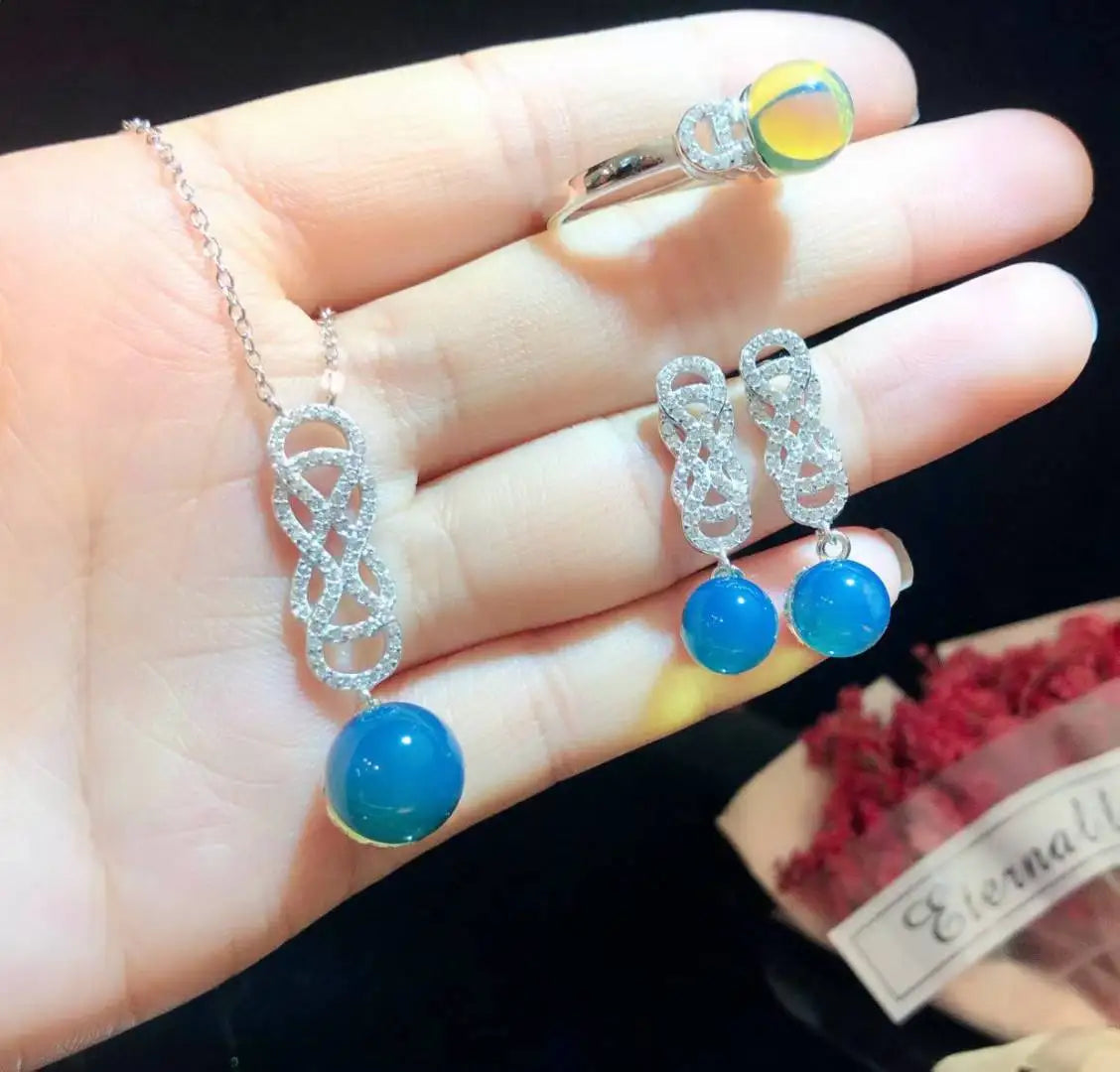 Certificated 925 Silver Natural Mexican Blue Amber Jewelry Set Luxury High Fashion Blue Bead Necklace/Drop Dangle Earring/Rings