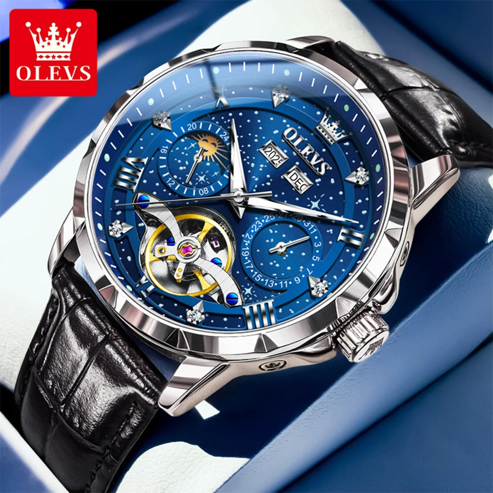 OLEVS 6690 Luxury Men Mechanical Watch Fully Automatic Watch Men's Brand Starry Sky Flywheel Moon Phase Hollow Men Formal Watch