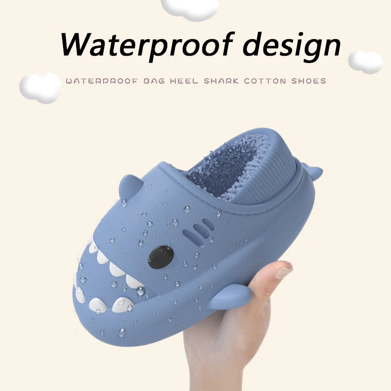 Comwarm Plush Shark Slippers For Women Men Winter Warm Cartoon Cotton Slippers Couple Non-Slip Waterproof Outdoor Home Shoes