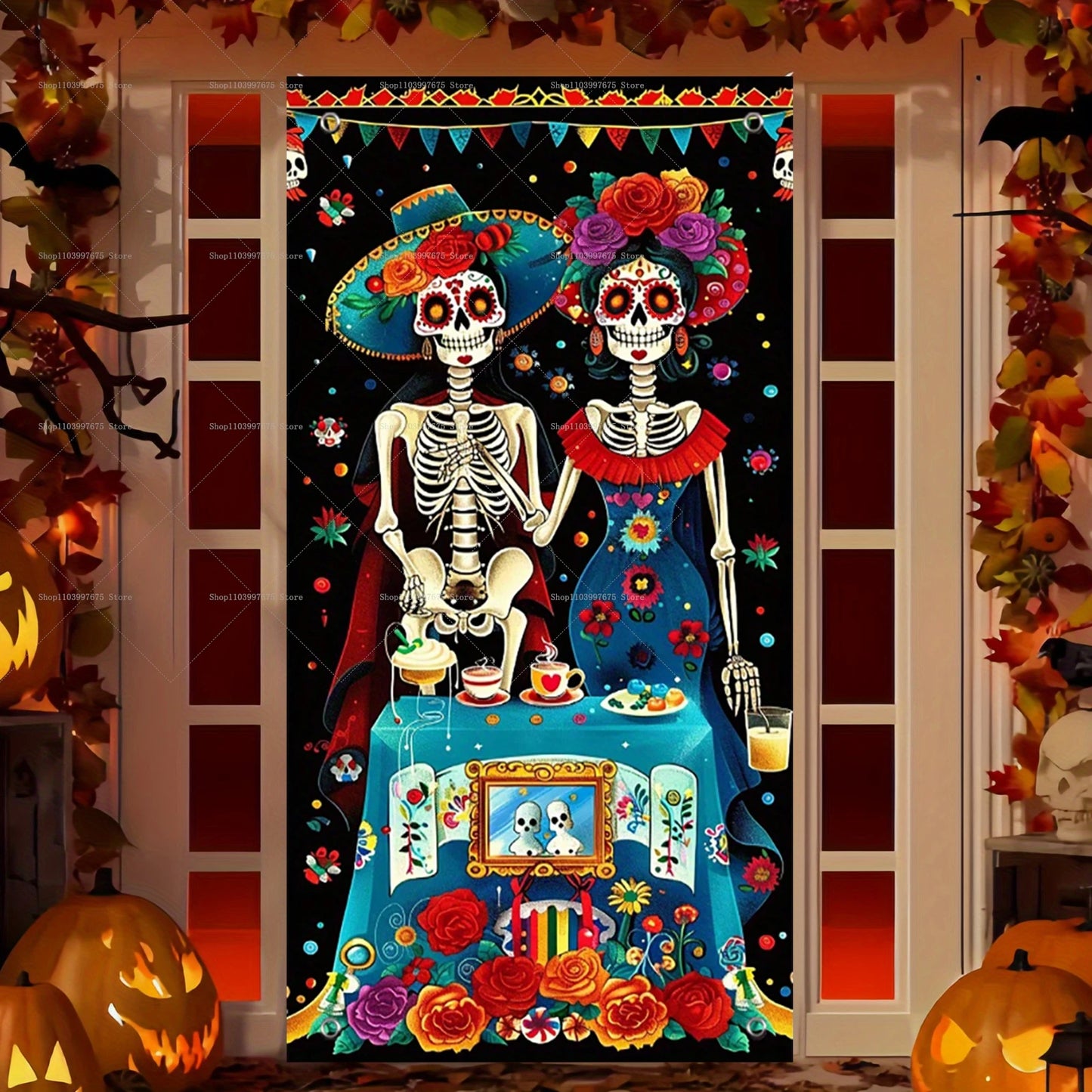 Day of The Dead Sugar Skull Flowers Backdrop Dia De Los Muertos Mexican Fiesta Door Banner for Indoor Outdoor Background Decor