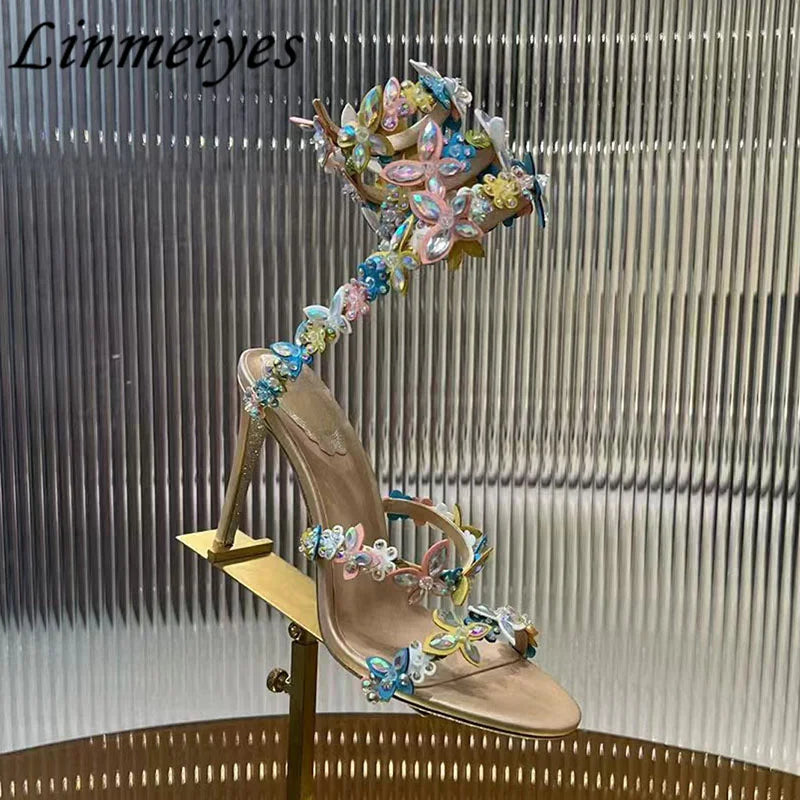 Sexy High Heels Sandals Woman Crystal Flower Snake Twine Around Ankle Strap Wedding Shoes Summer Gladiator Sandals Women