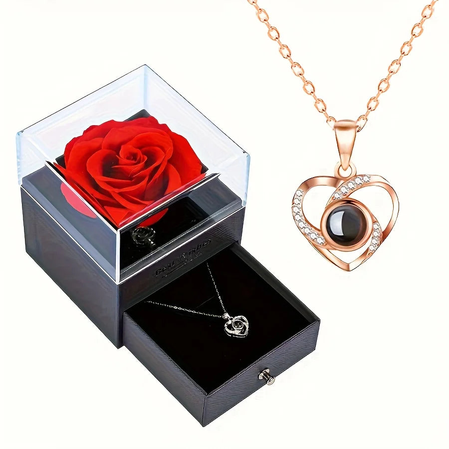 Mother's Day Gifts Projection Necklace with Luxury Rose Flower Gift Box 100 Languages I Love You Pendant Necklaces for Women