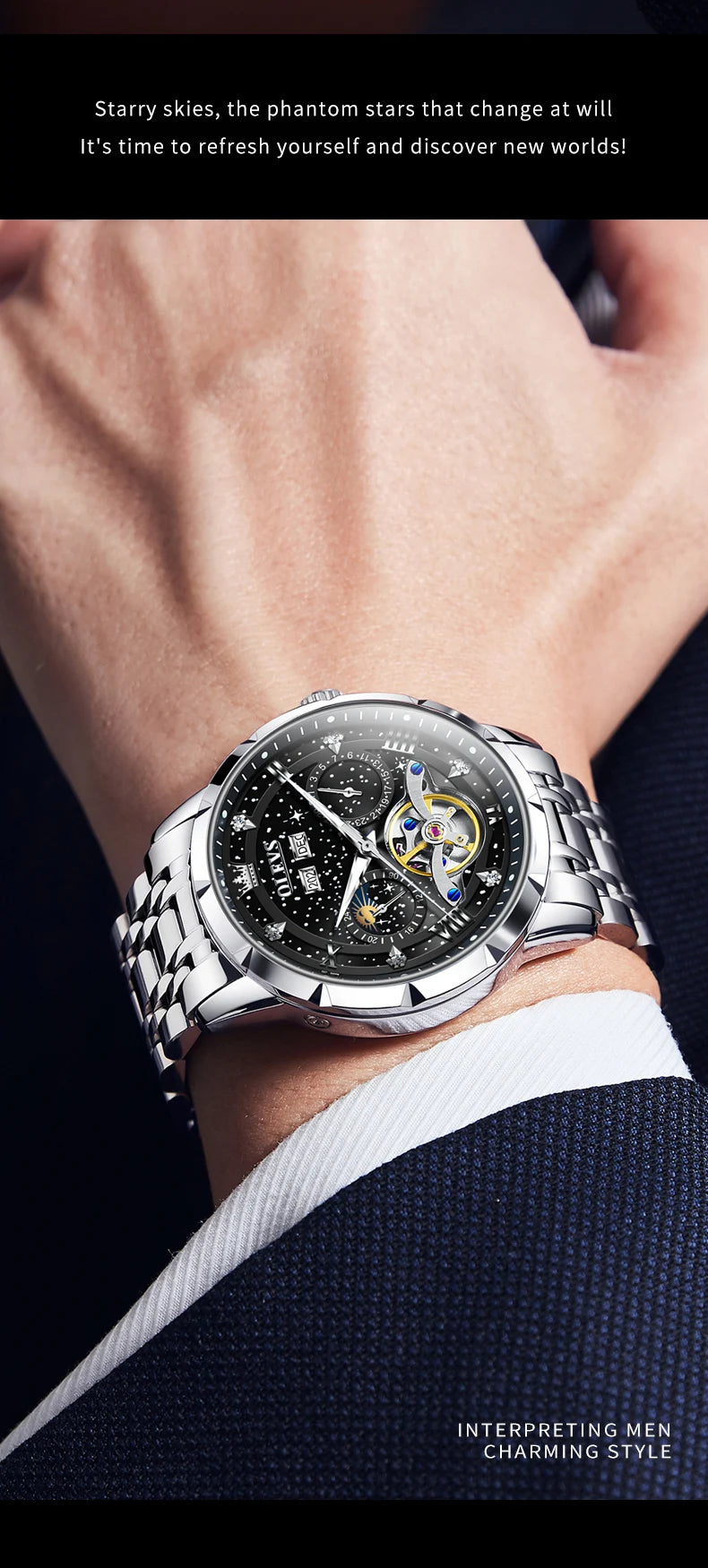 OLEVS 6690 Luxury Men Mechanical Watch Fully Automatic Watch Men's Brand Starry Sky Flywheel Moon Phase Hollow Men Formal Watch