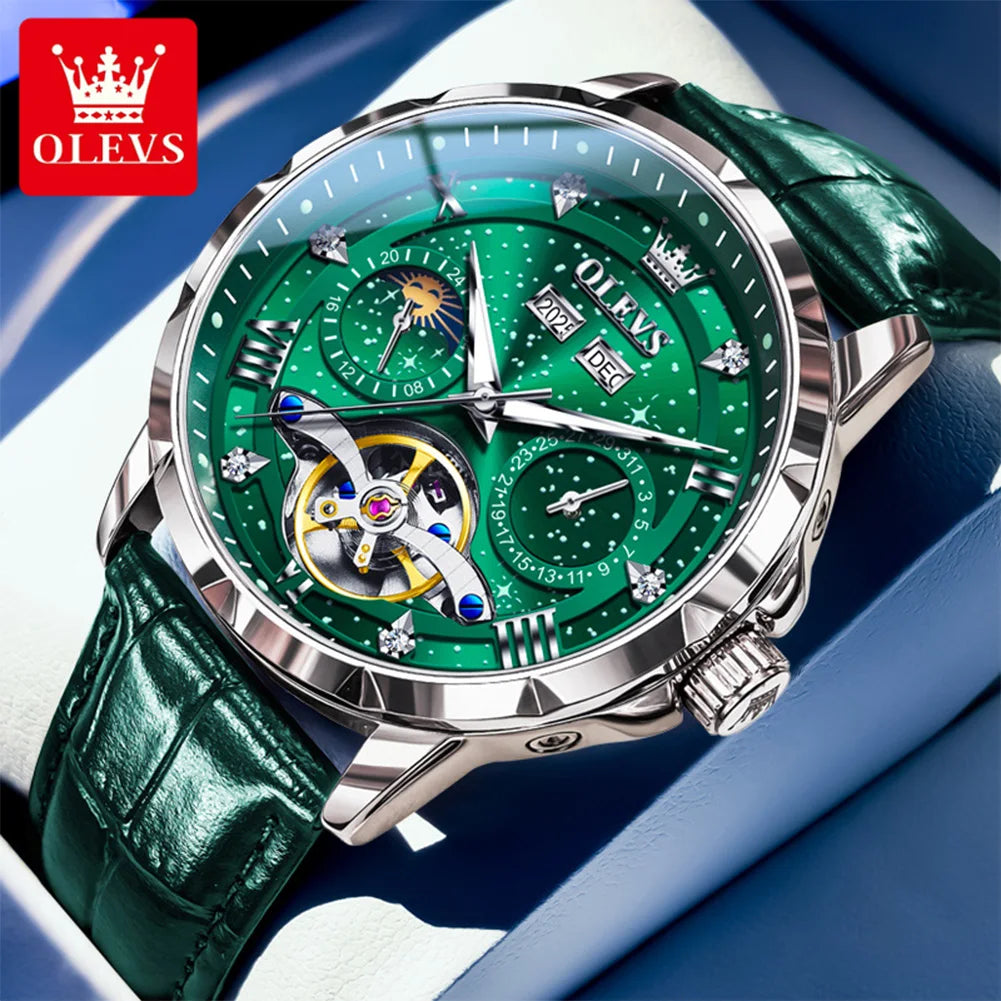 OLEVS 6690 Luxury Men Mechanical Watch Fully Automatic Watch Men's Brand Starry Sky Flywheel Moon Phase Hollow Men Formal Watch