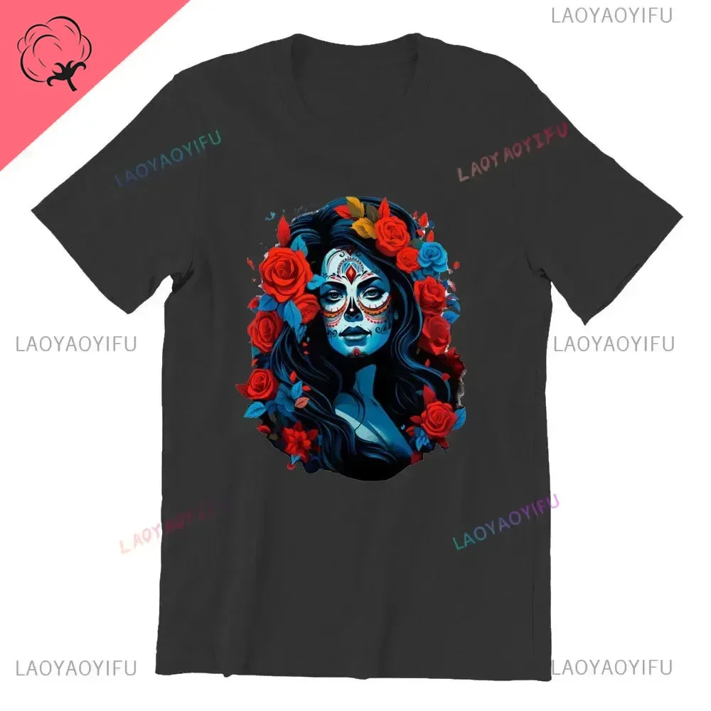 Sugar Skull T-Shirt La Catrina Girl with Purple Roses Dia De Los Muertos Sugar Skull Day of The Dead Tee Gifts for Men and Women