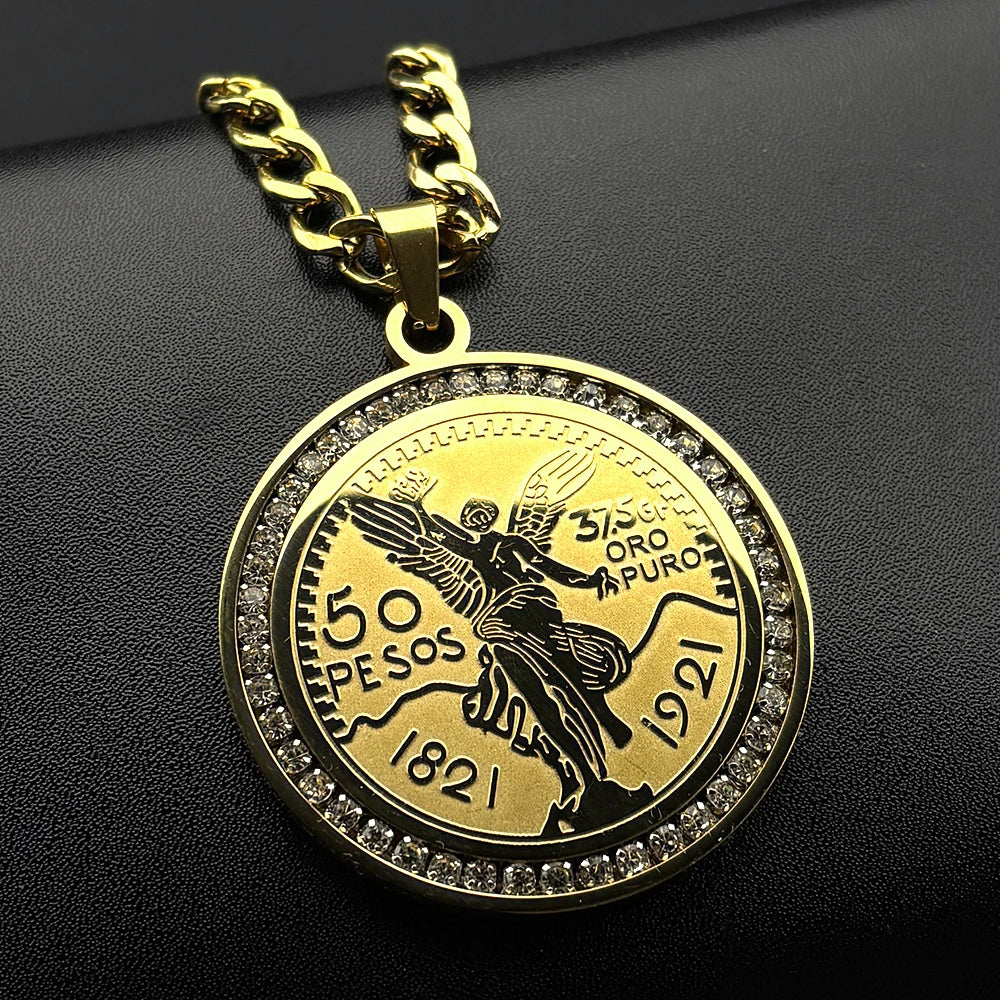1921 Mexican 50 Pesos Coins Crystals Pendant Necklace for Men Women Stainless Steel Gold Color Winged Victory Chain Jewelry Gift