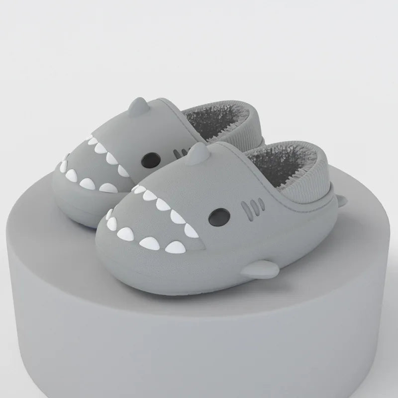 Comwarm Plush Shark Slippers For Women Men Winter Warm Cartoon Cotton Slippers Couple Non-Slip Waterproof Outdoor Home Shoes