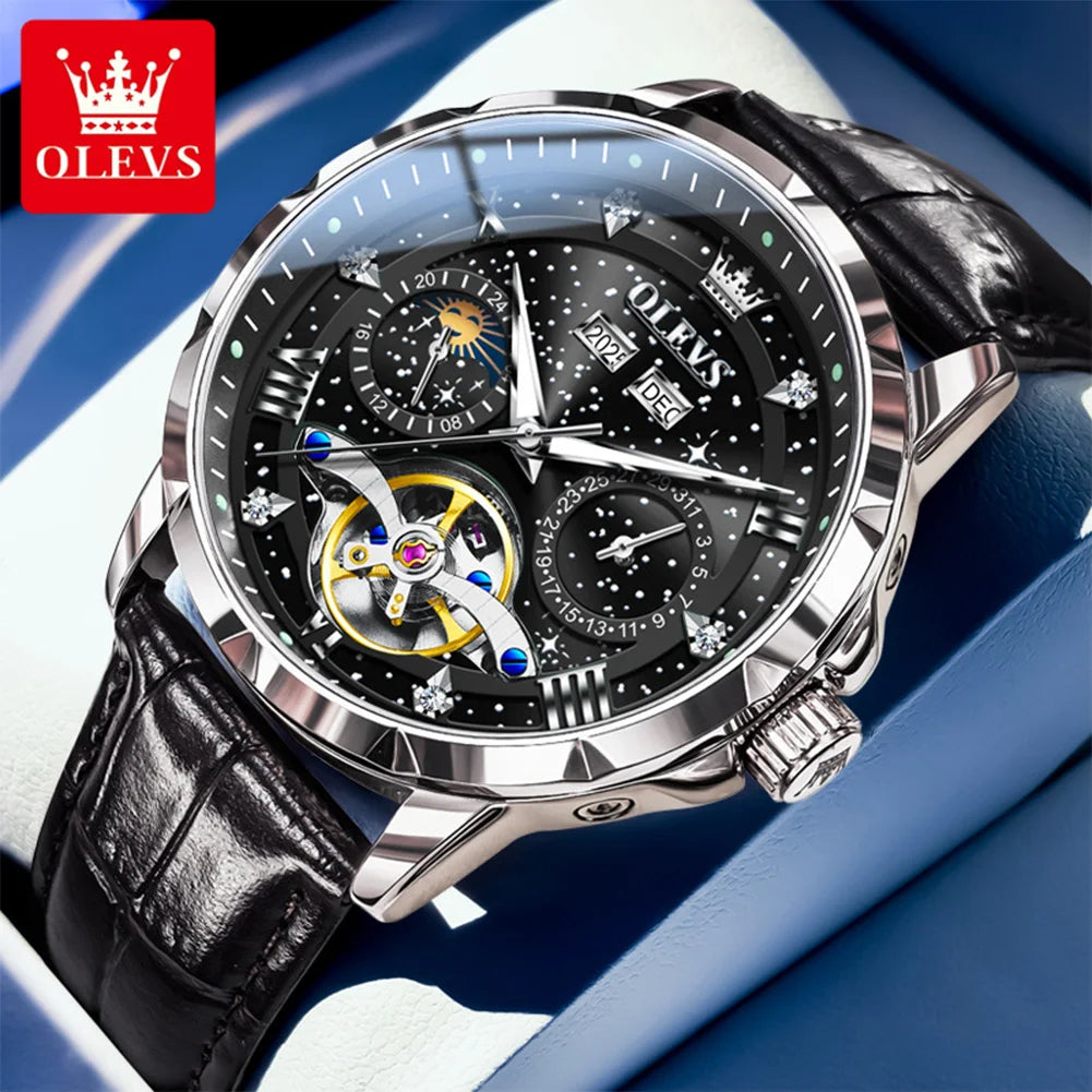 OLEVS 6690 Luxury Men Mechanical Watch Fully Automatic Watch Men's Brand Starry Sky Flywheel Moon Phase Hollow Men Formal Watch