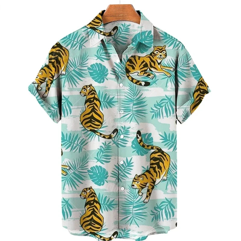Hawaiian Animal Pattern Vintage Casual T-Shirt For Men 3D Print Leopard Tiger Short-sleeved Shirts Holiday Party Harajuku Tops